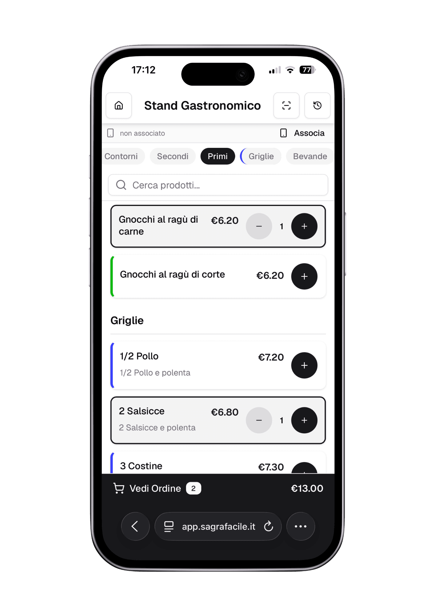 Interfaccia cassa mobile SagraFacile su smartphone - prendi gli ordini al tavolo dal telefono