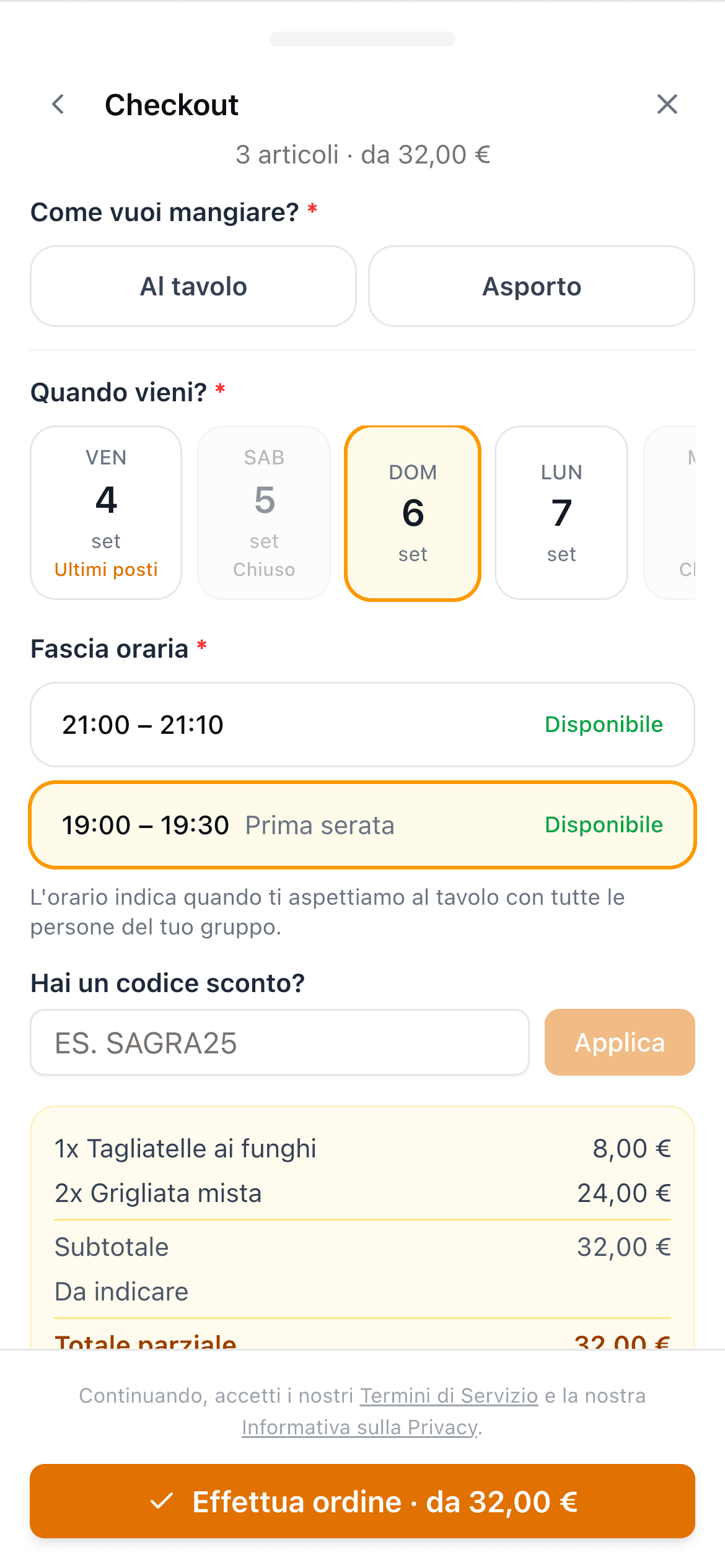 La scelta della serata e della fascia di ritiro sulla pagina pubblica di una sagra su SagraPreOrdine