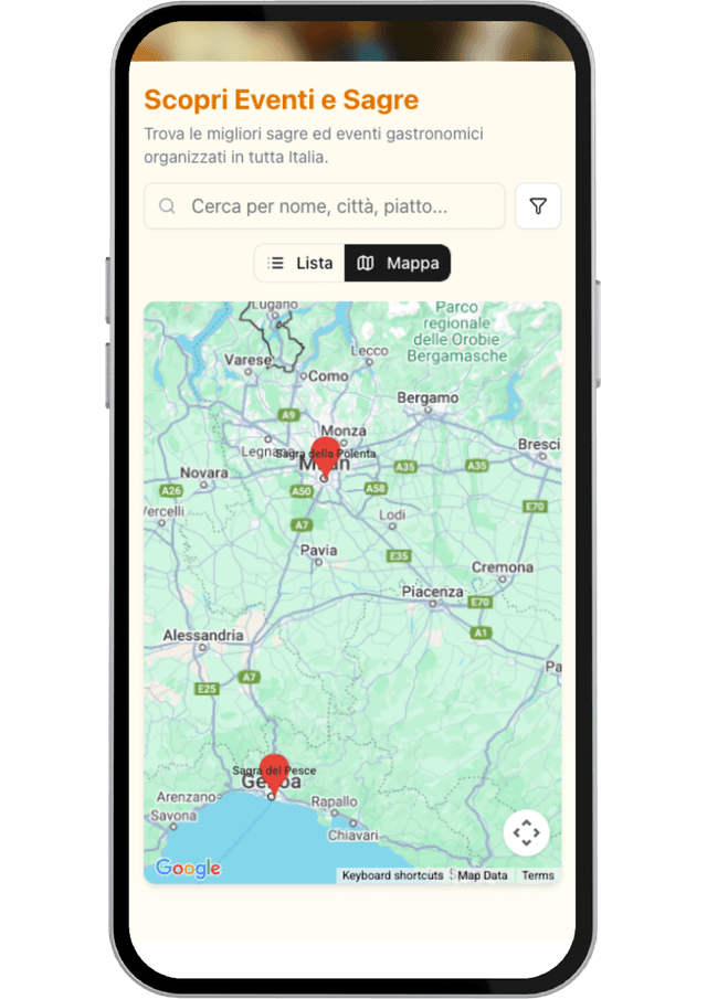 Schermata ricerca evento su mobile