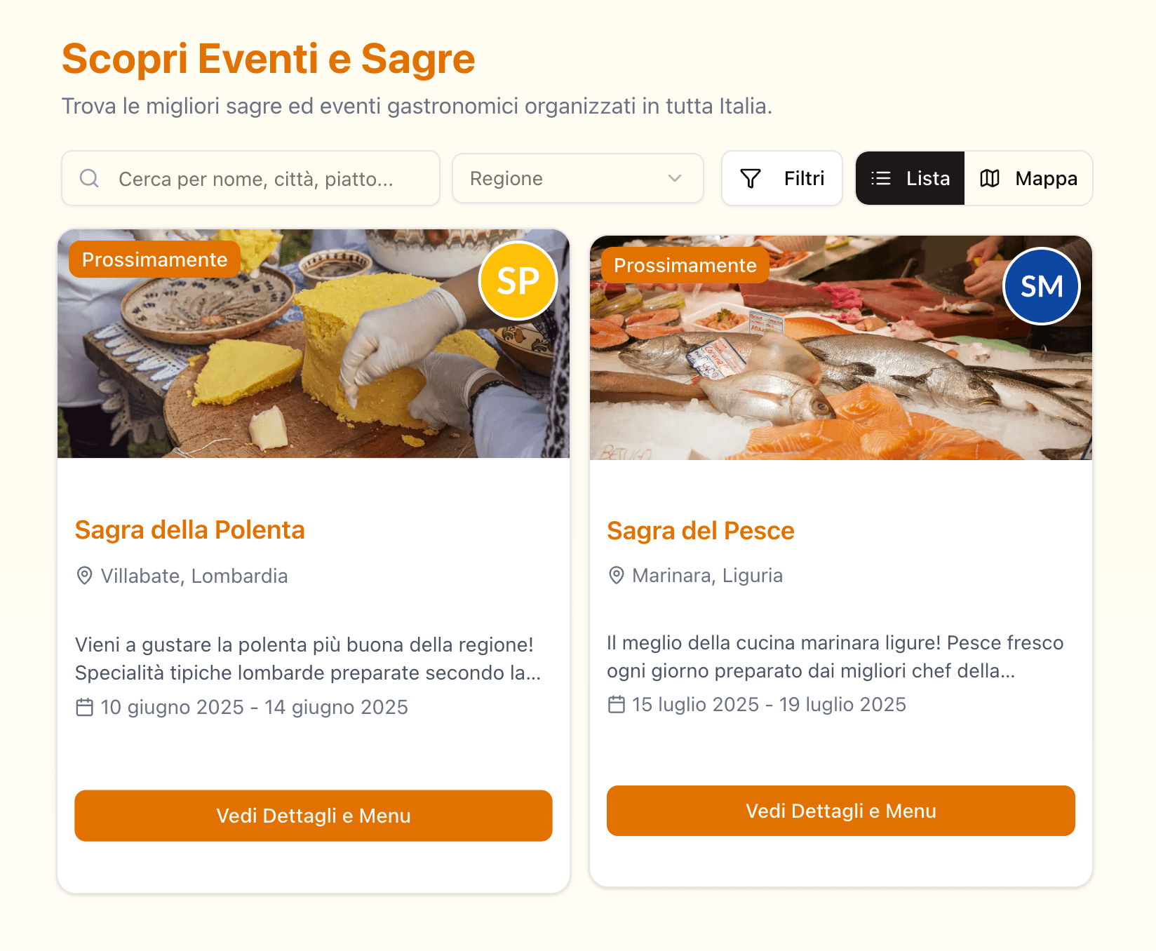 Portale di preordine che mostra la lista degli eventi disponibili