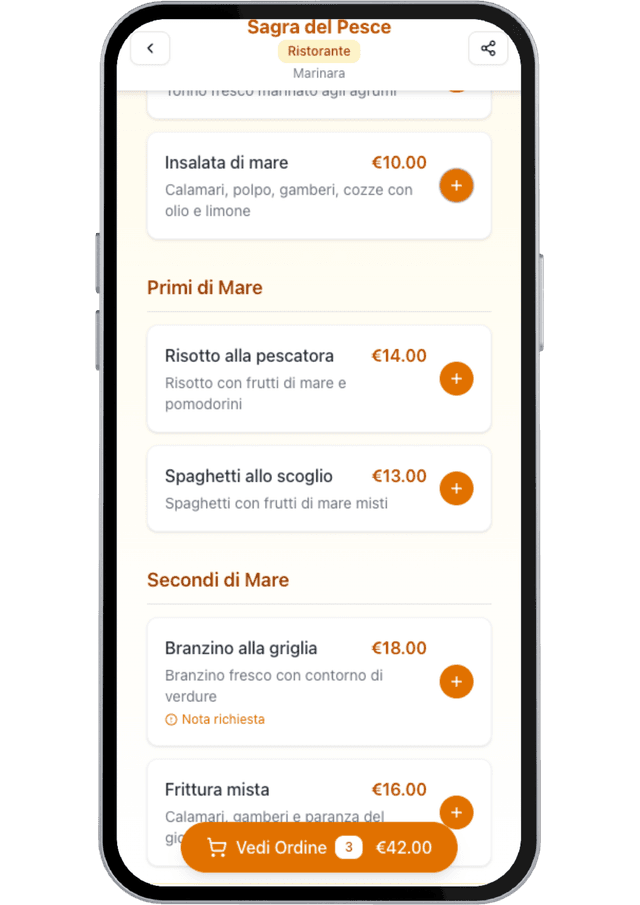 Schermata menu e ordine su mobile