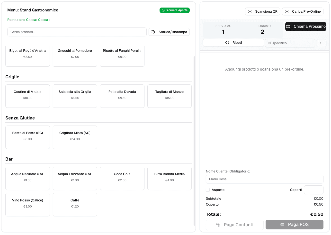 Interfaccia cassa POS SagraFacile - Touch-friendly per gestione ordini rapida