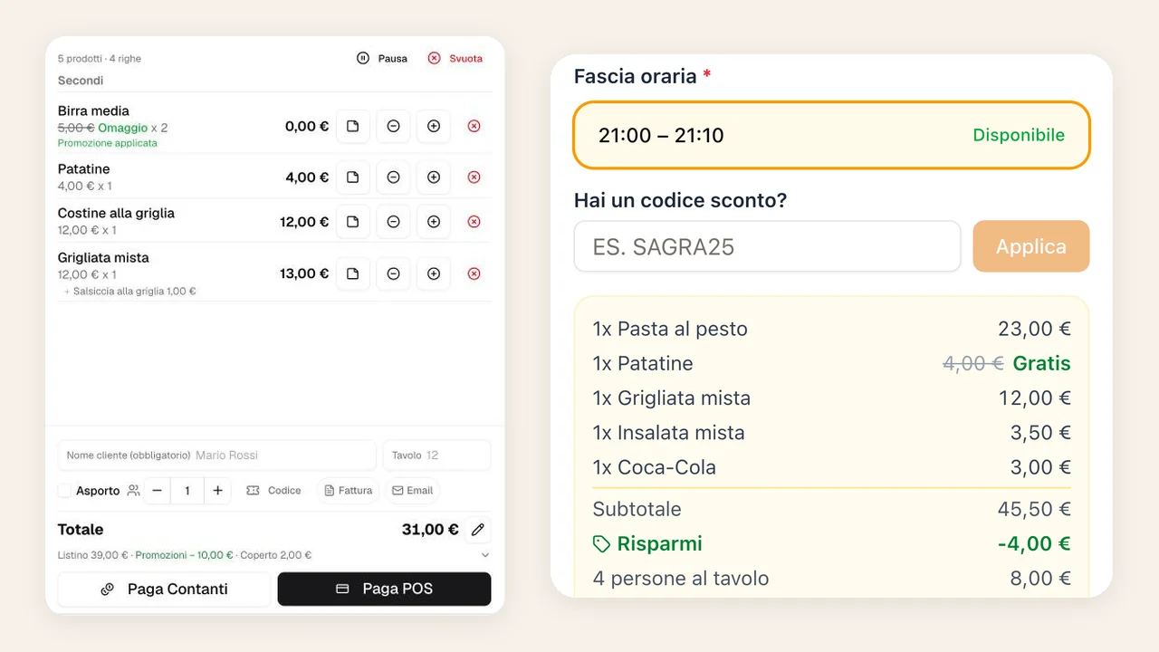 A sinistra la cassa con due birre in omaggio e la riga Promozioni −10,00 €, a destra il carrello di SagraPreOrdine con le patatine gratis e il risparmio di 4,00 €