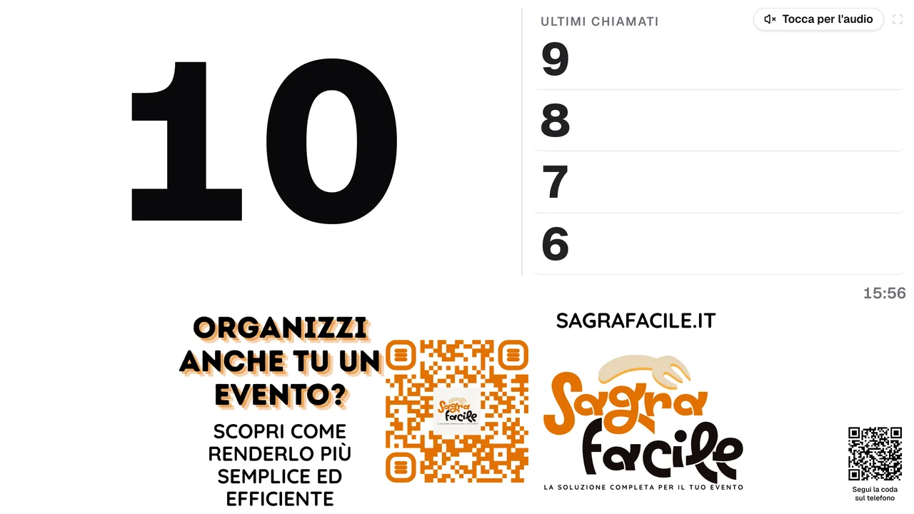 Display coda: il numero 10 appena chiamato in grande, a destra gli ultimi chiamati 9, 8, 7 e 6, sotto la pubblicità